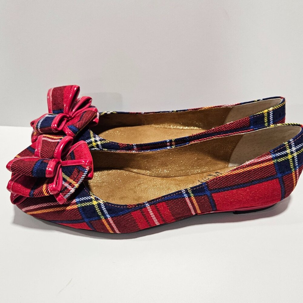 J Renee Erran Red Plaid Bow Flats Size 7M Glitter Sole Rare Style 🎀